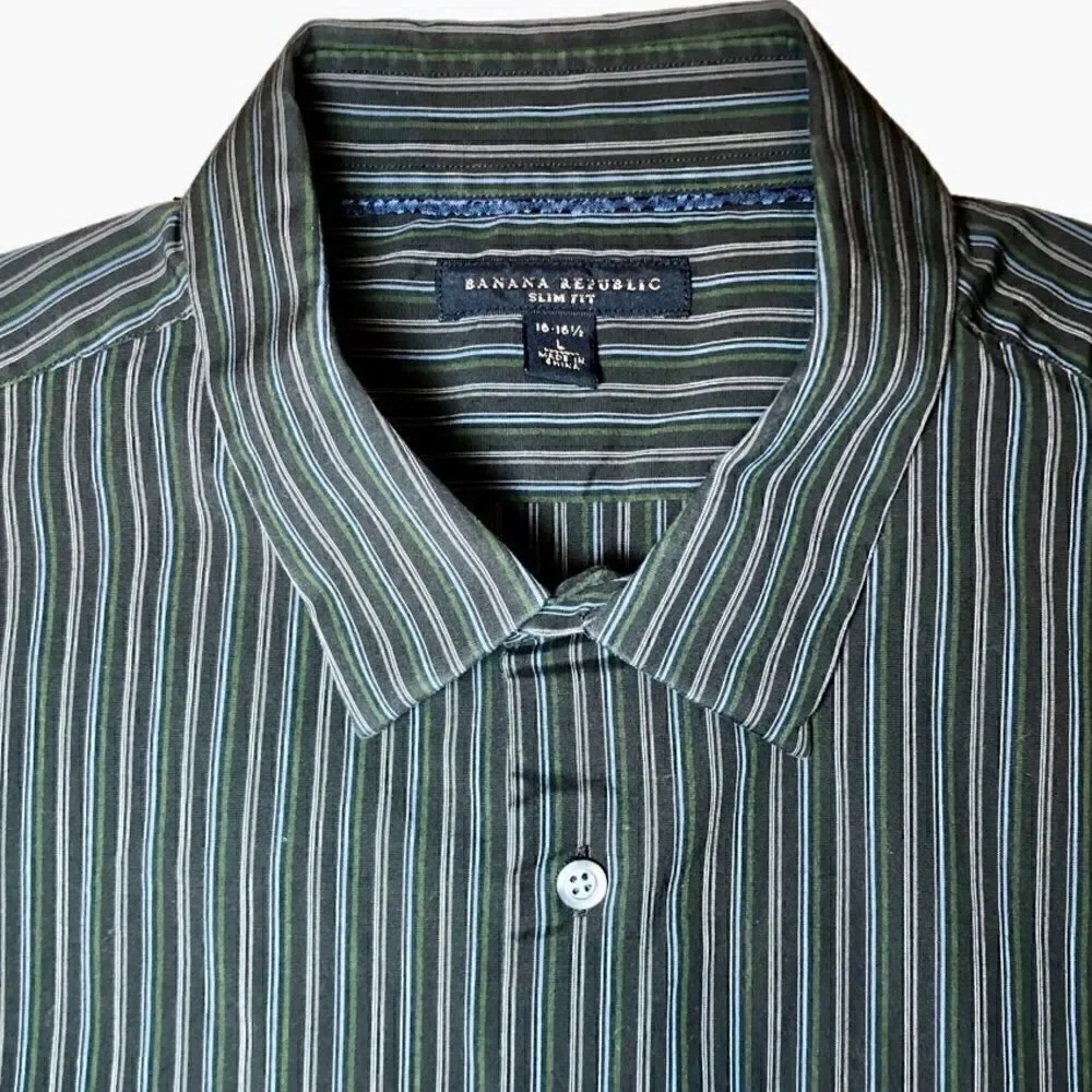 Banana Republic Slim Fit Striped Dress Shirt in Dark Grey/Green/Blue Men’s L